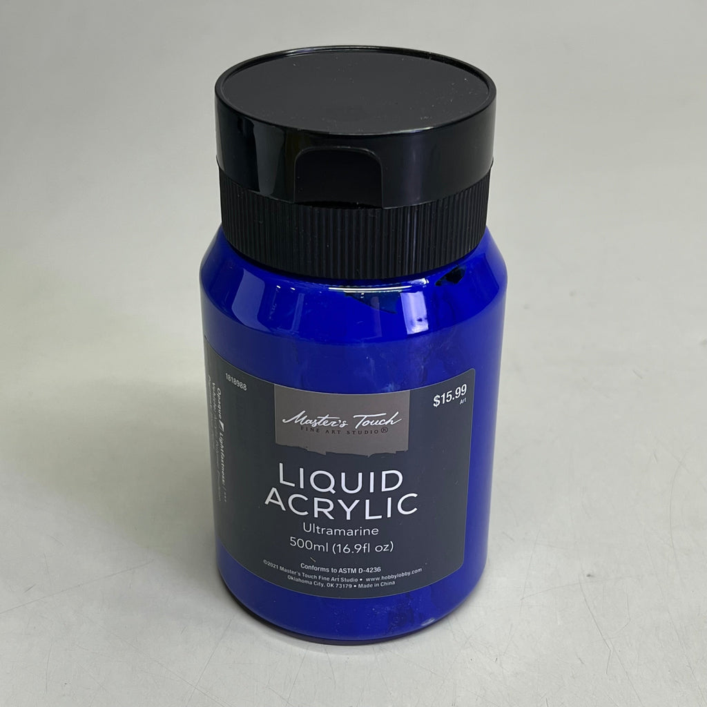 Bottle of Master's Touch Liquid Acrylic Paint with black lid showing Ultramarine 16.9 fl oz on gray background