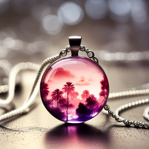 Necklace with a see through resin pendant featuring a pink and purple landscape with palm trees.