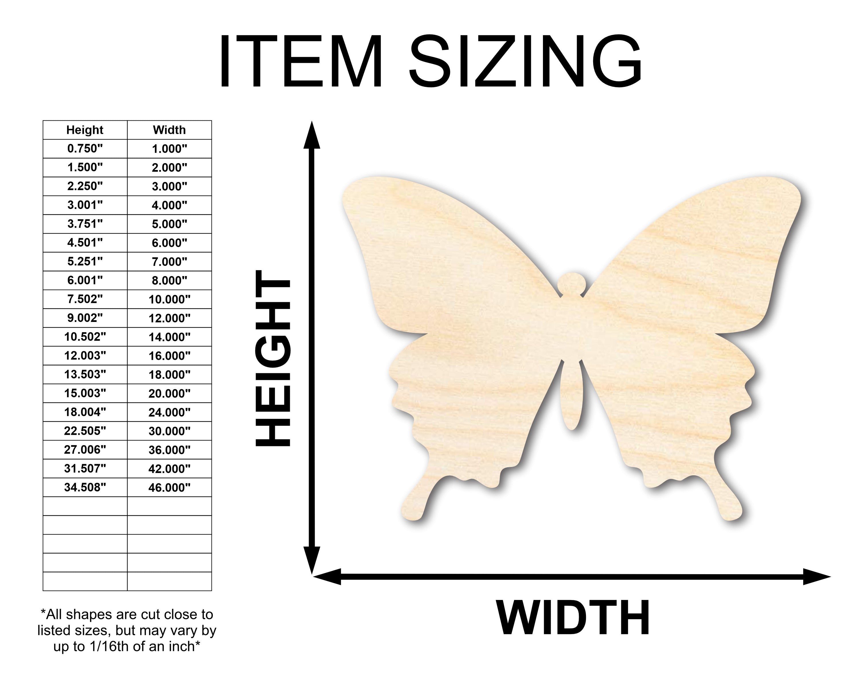 Butterfly-shaped wooden cutout with measurement chart on a white background