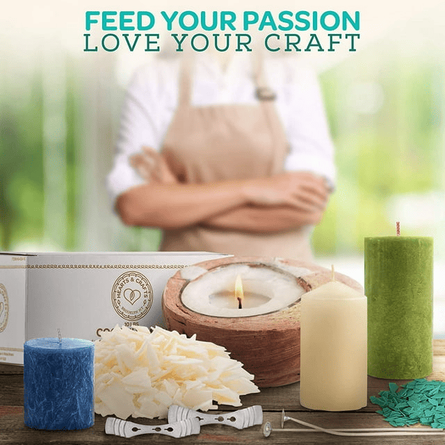Candles and candle-making materials with text 'Feed Your Passion, Love Your Craft' on a blurred background of a person wearing an apron