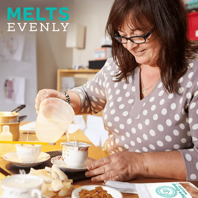 Woman pouring melted wax into a cup with text 'Melts Evenly' in the corner