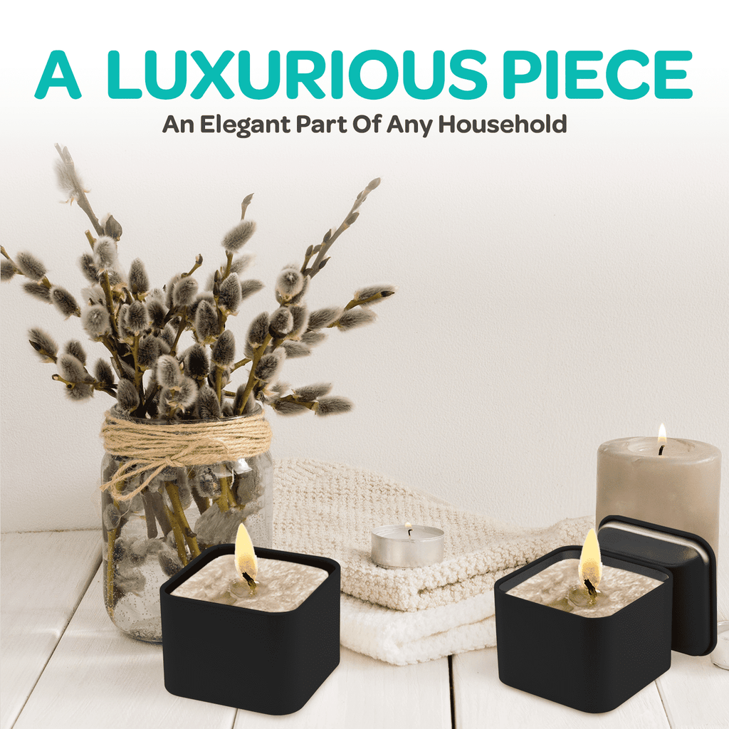 Two candle tins in front of decorative candles and a vase with branches on a white surface, with text about luxury