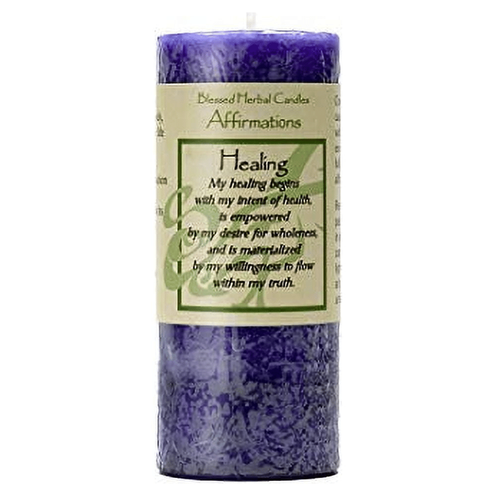 Purple Coventry Creations Healing Affirmations pillar candle with label on white background