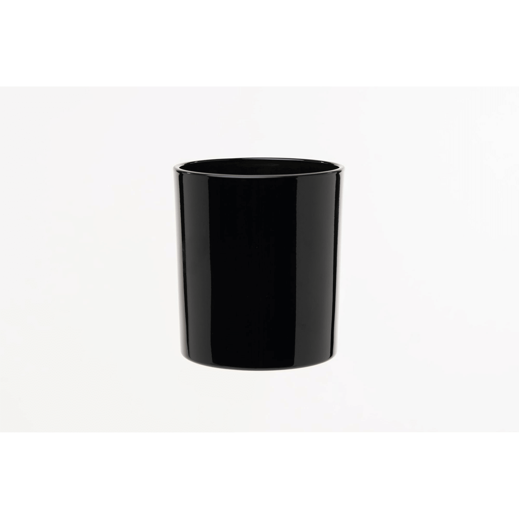 Shiny black cylindrical candle container on a white background