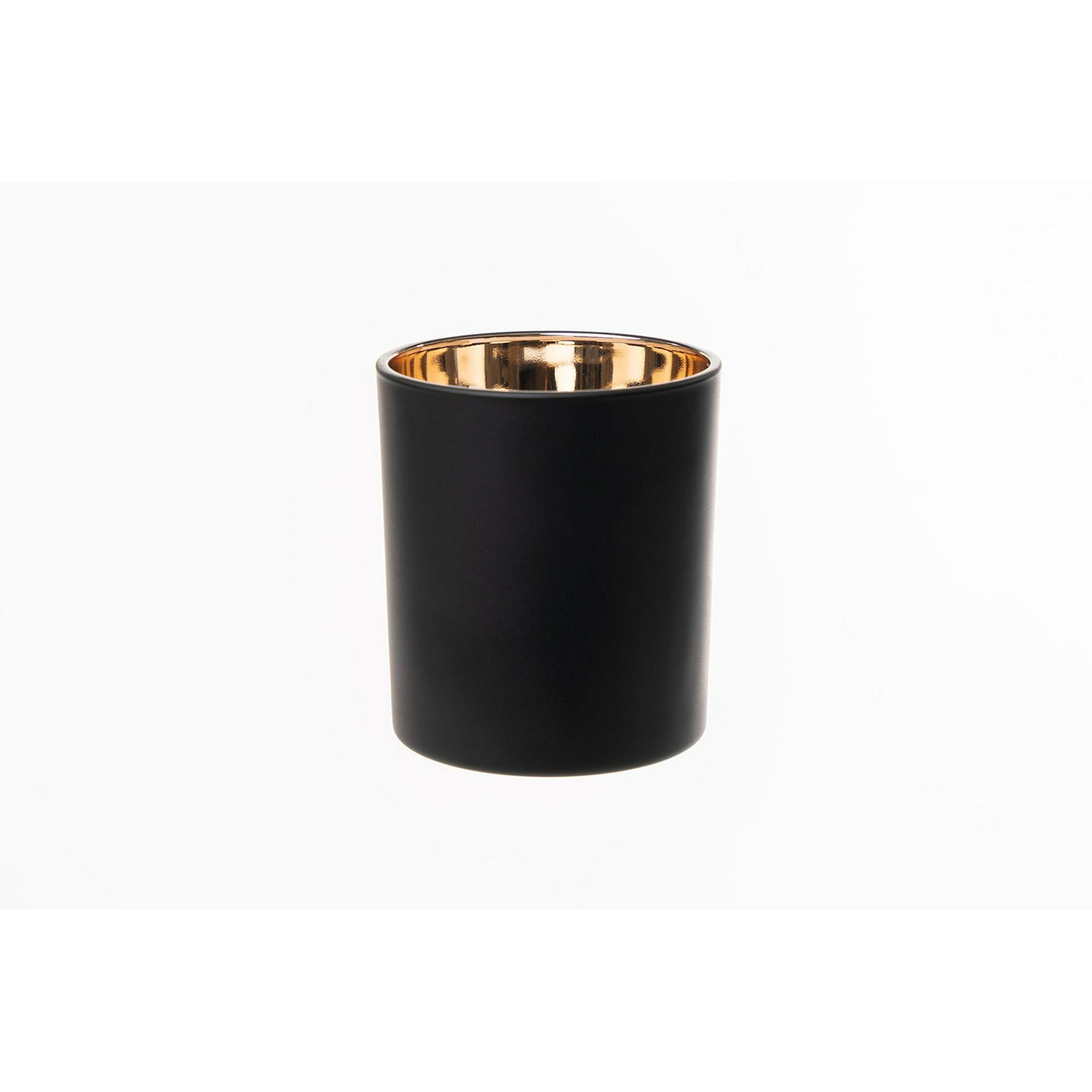 Black candle holder with gold interior on a white background - closeup view