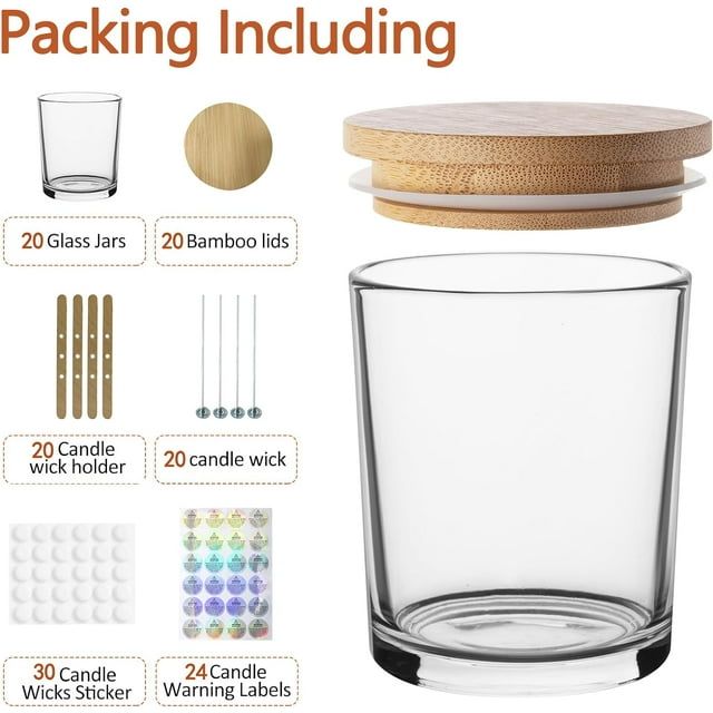 Packing list including glass jars, bamboo lids, candle wicks and holders, and blank and warning labels on a white background