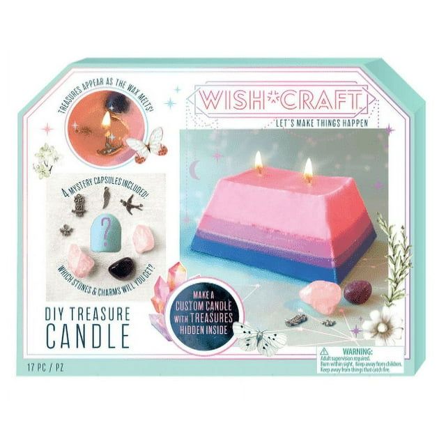 Wish & Craft DIY treasure candle kit packaging with pink and blue layered trapezoid shaped candle on front - make your own candle kit
