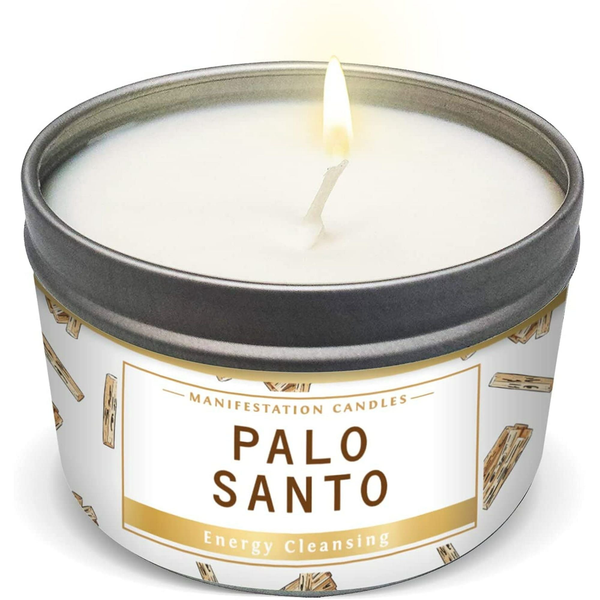 Lit Palo Santo manifestation candle in tin with label on white background