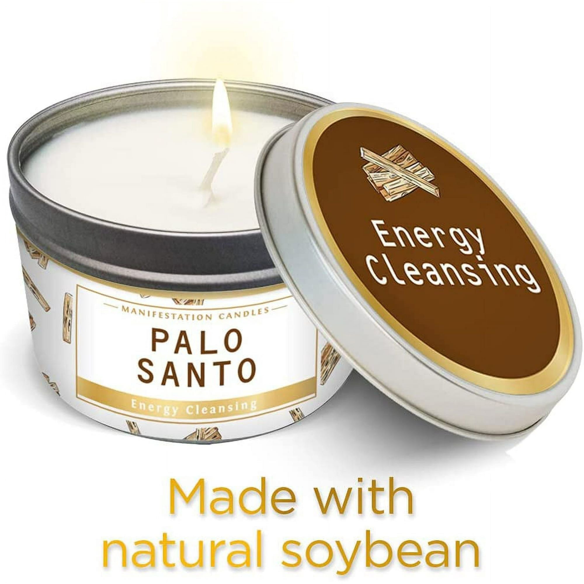 Lit Palo Santo candle in tin with lid and Made with natural soybean text on white background