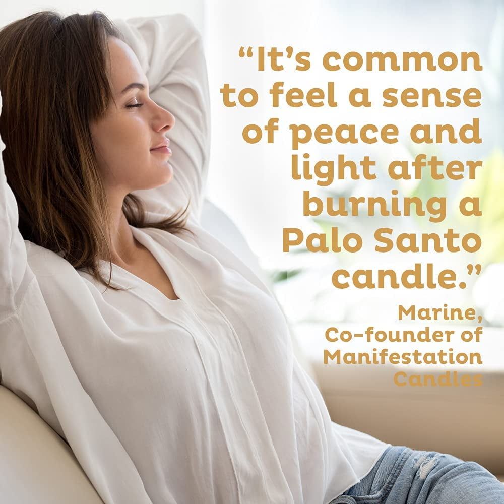 Woman sitting on couch with quote about Palo Santo manifestation candles