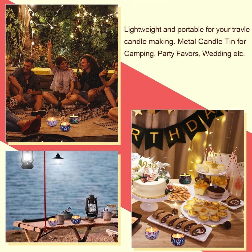 Colorful patterned tins on a white background with cut away image of three lit candles