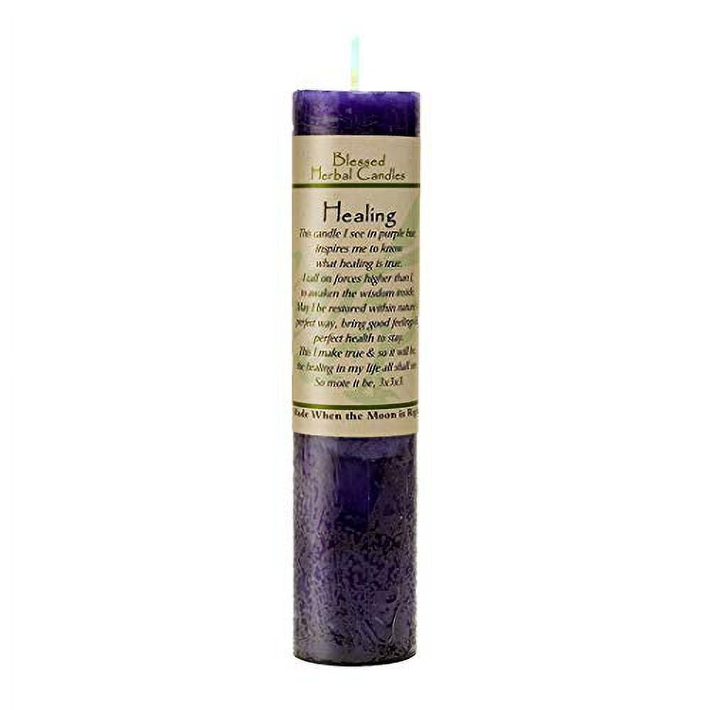 Purple Coventry Creations candle with Healing Affirmations label on white background