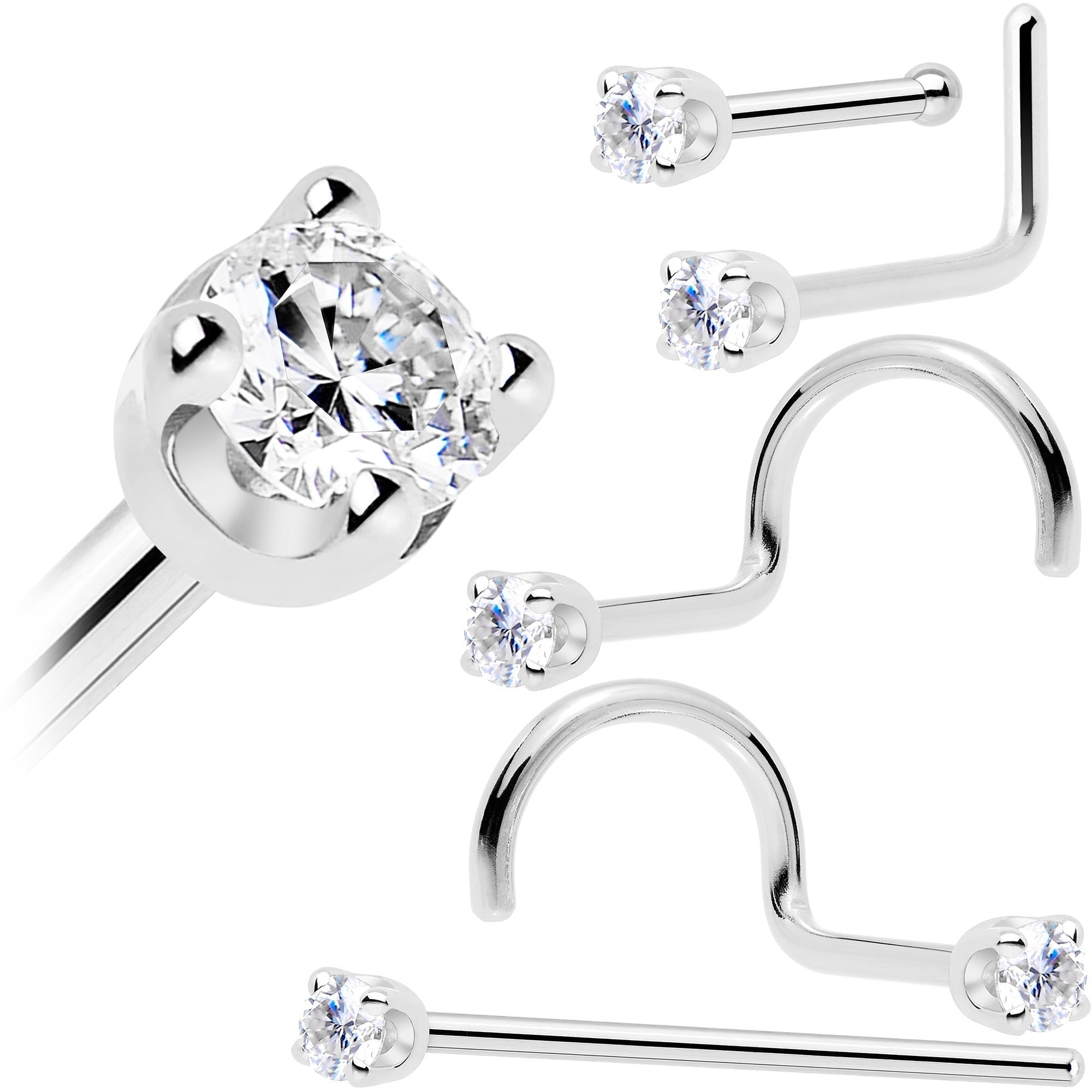 14k white gold nose rings with lab-grown diamond in various styles - L-shape, bone, left and right nostril options - ethical body jewelry by BodyCandy