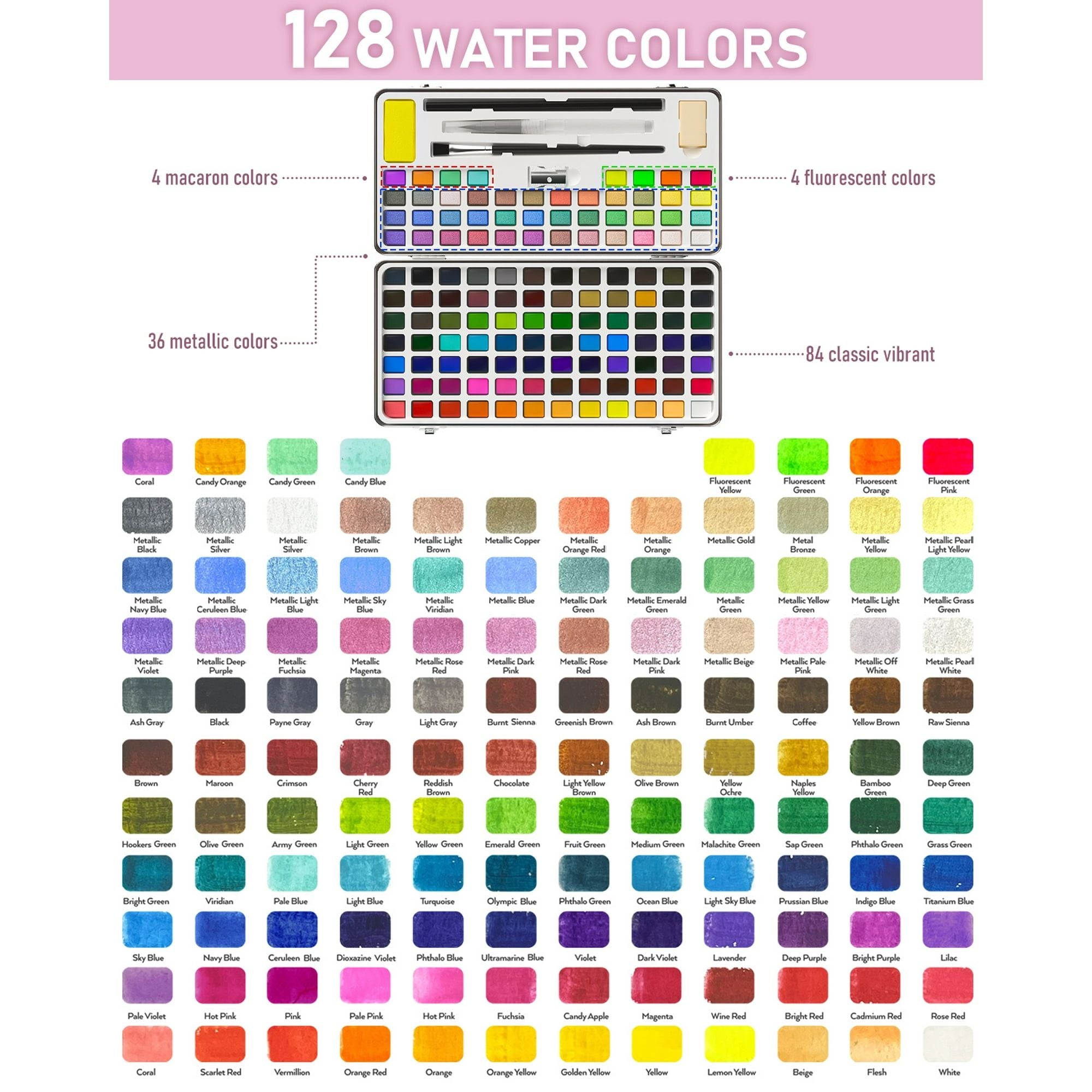 128 watercolor paint set with color swatches and color chart showing metallic macaron and fluorescent colors on white background