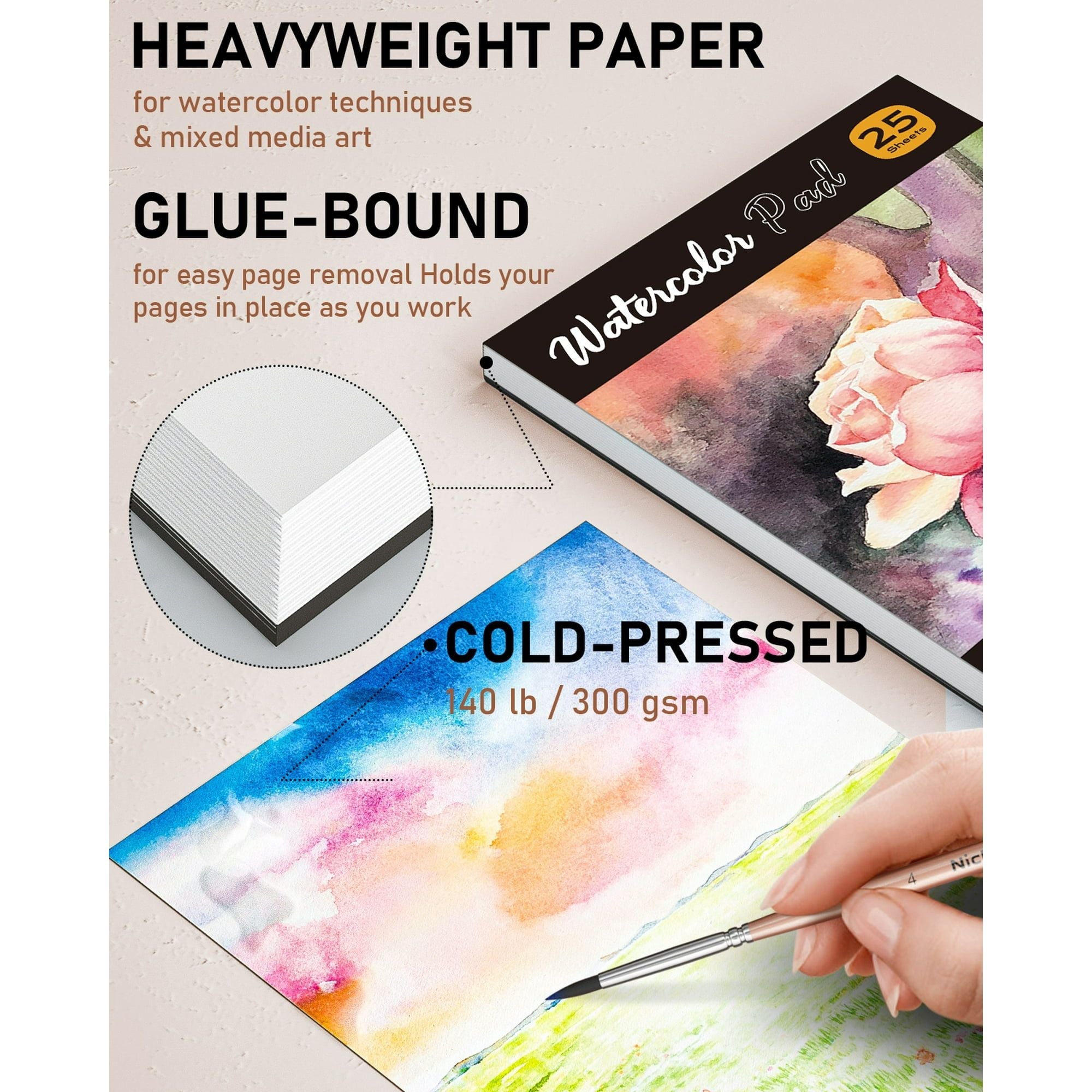Watercolor paper pad A5 glue-bound pages with hand painting watercolor artwork using Nicpro watercolor set and brush