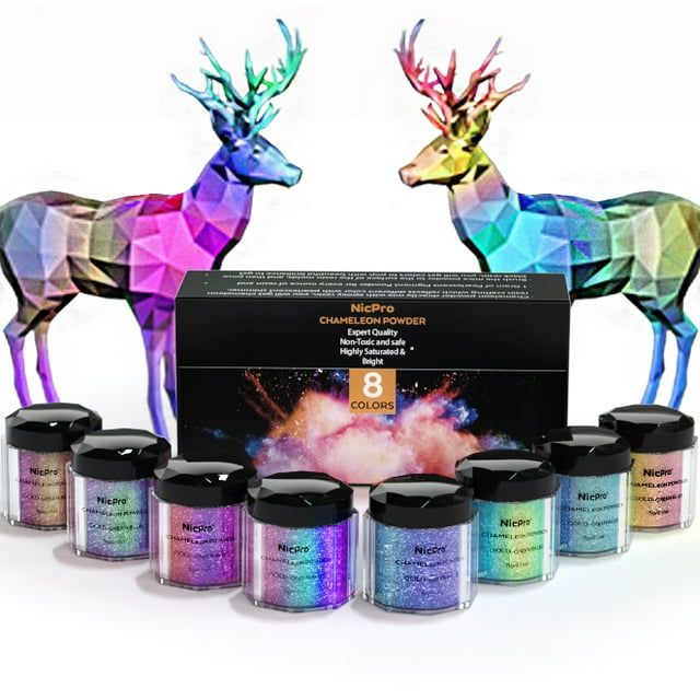 Nicpro 8 Colors Chameleon Mica Powder set showing color-shifting pigments for resin, soap, and candle making