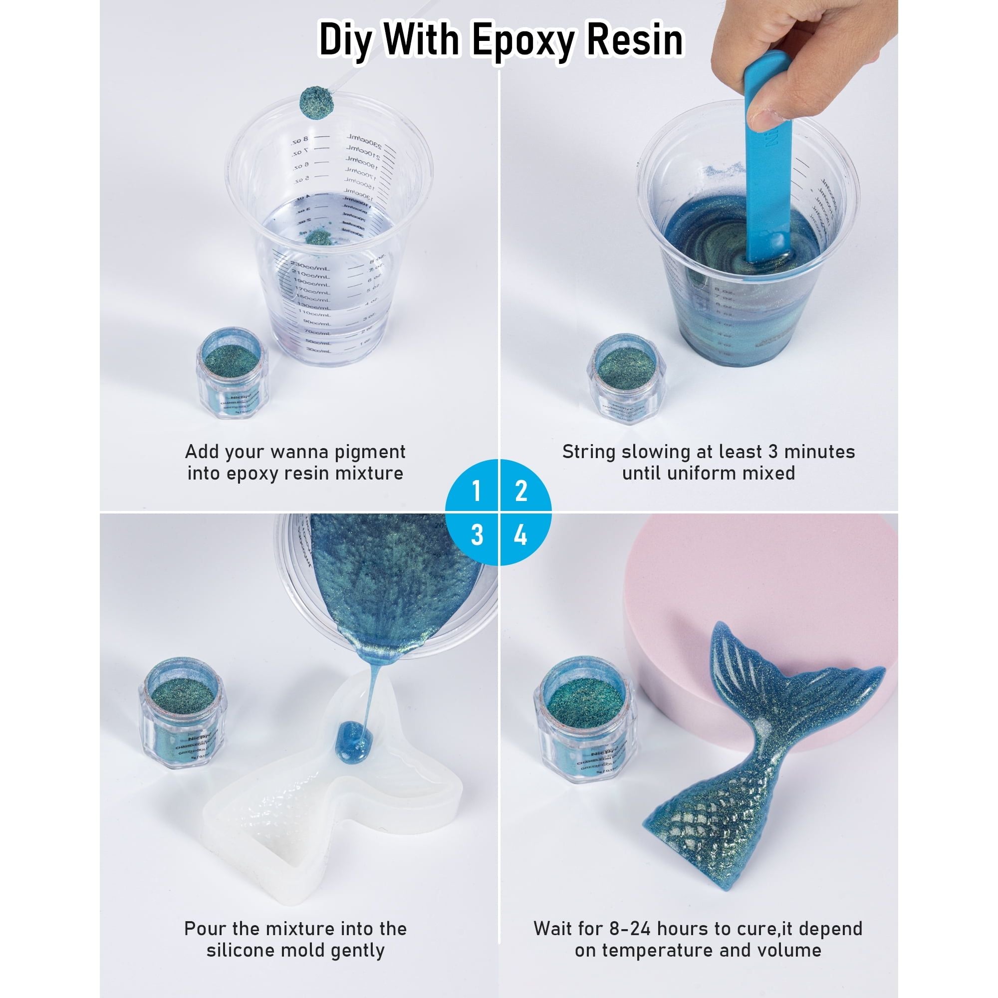 Step-by-step guide to DIY with epoxy resin including mixing and pouring into a mold