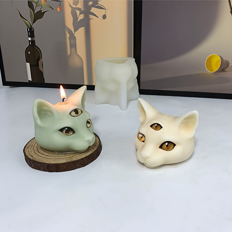 3D Three Eyed Cat Silicone Mold - Evil Cat Head Mold for Candles, Resin & Halloween Decor