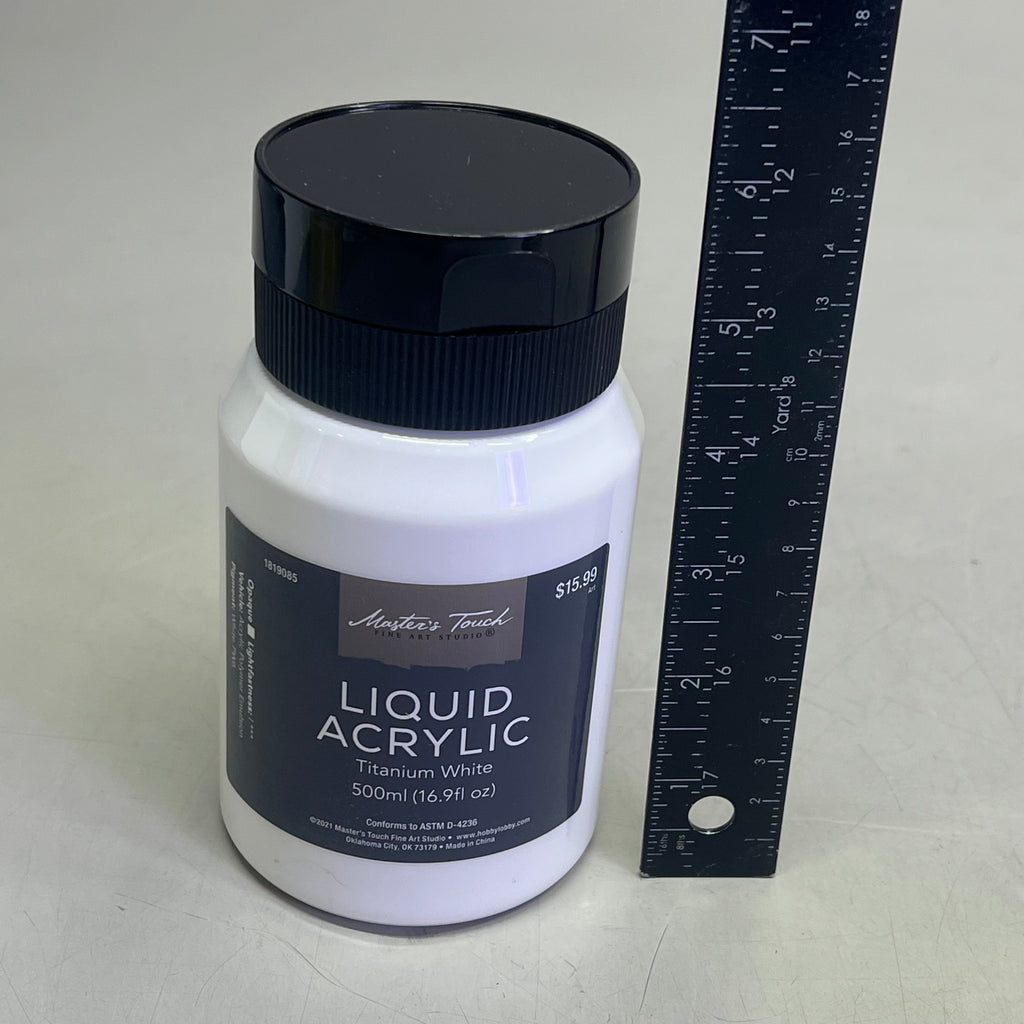 Bottle of Master's Touch Liquid Acrylic Paint next to ruler for scale on white background - 16.9 fl oz titanium white acrylic