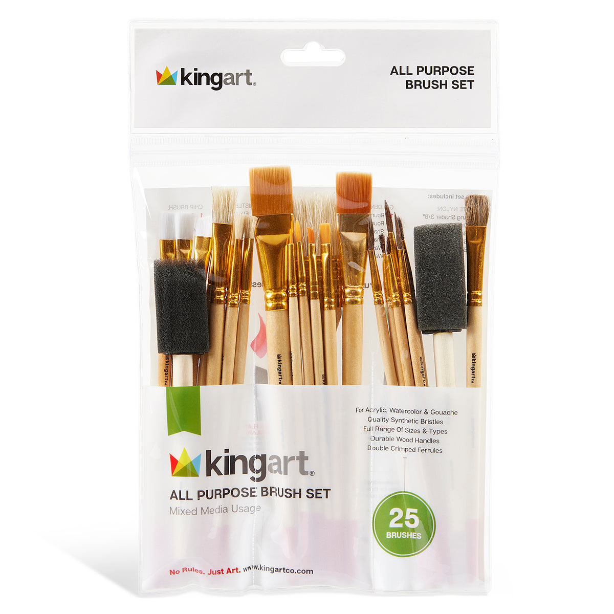 KINGART Studio all-purpose 25 piece brush set packaging with brushes visible - multi-purpose paint foam and solvent-resistant chip brushes