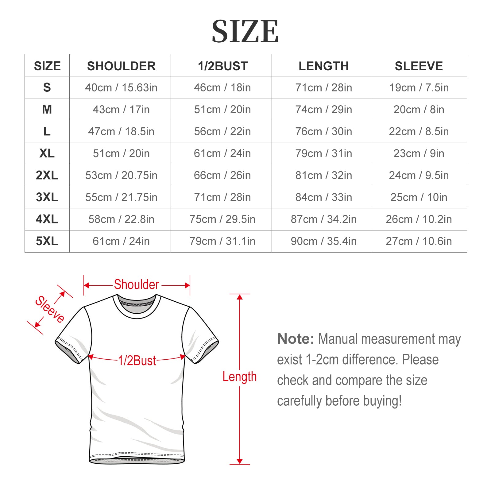 Size chart for No Kings in America stretchy t-shirt with measurements in centimeters and inches, including diagram with labeled parts