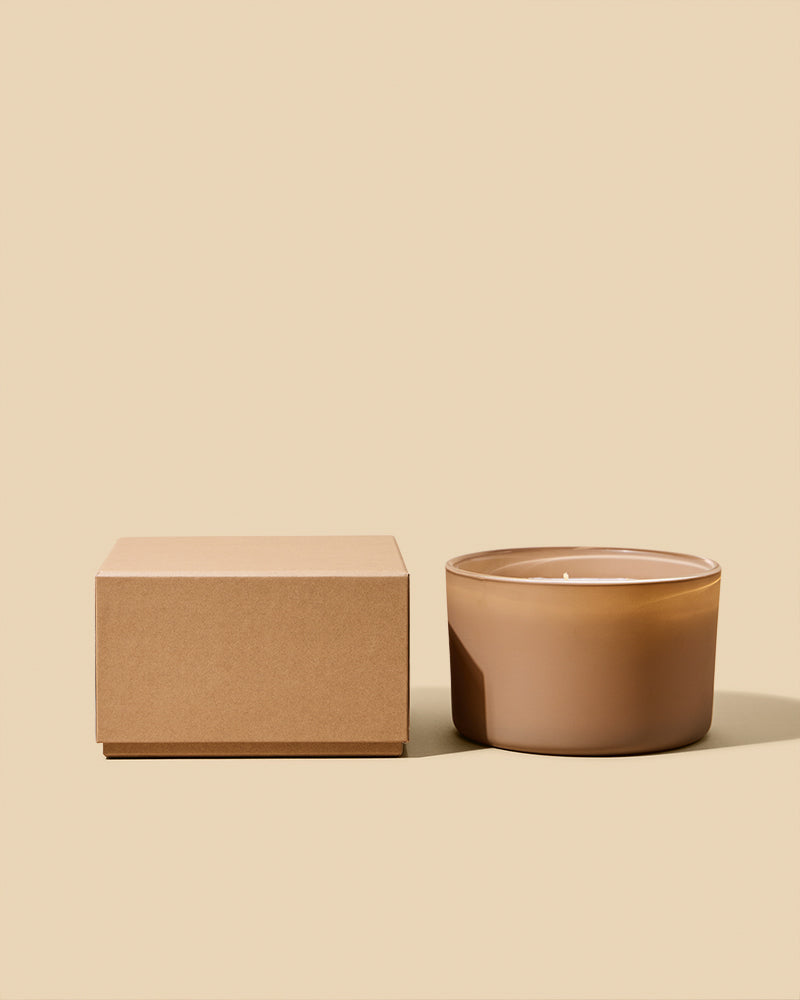 Matte Taupe 18oz candle in Dream Candle Vessel with matching Dream Box on beige background - complete candle gift set