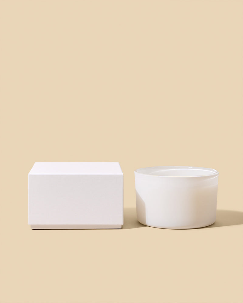 Matte White 18oz Dream Candle Vessel with matching Dream Box on beige background - cohesive candle presentation set
