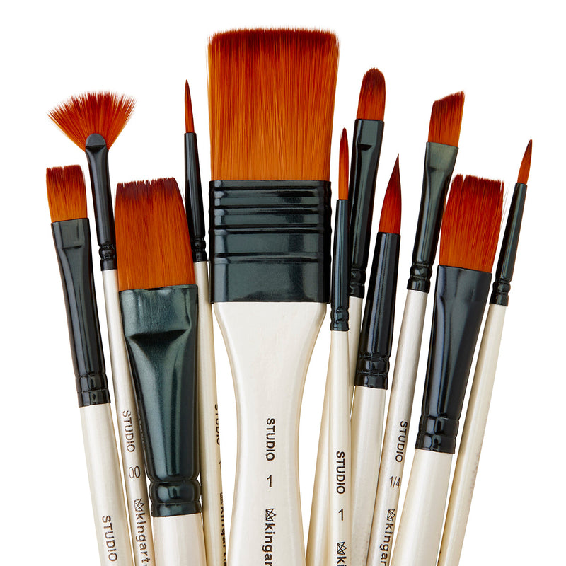 KINGART 12 piece gold nylon artist brush set with **red bristles and white lacquered handles** on white background