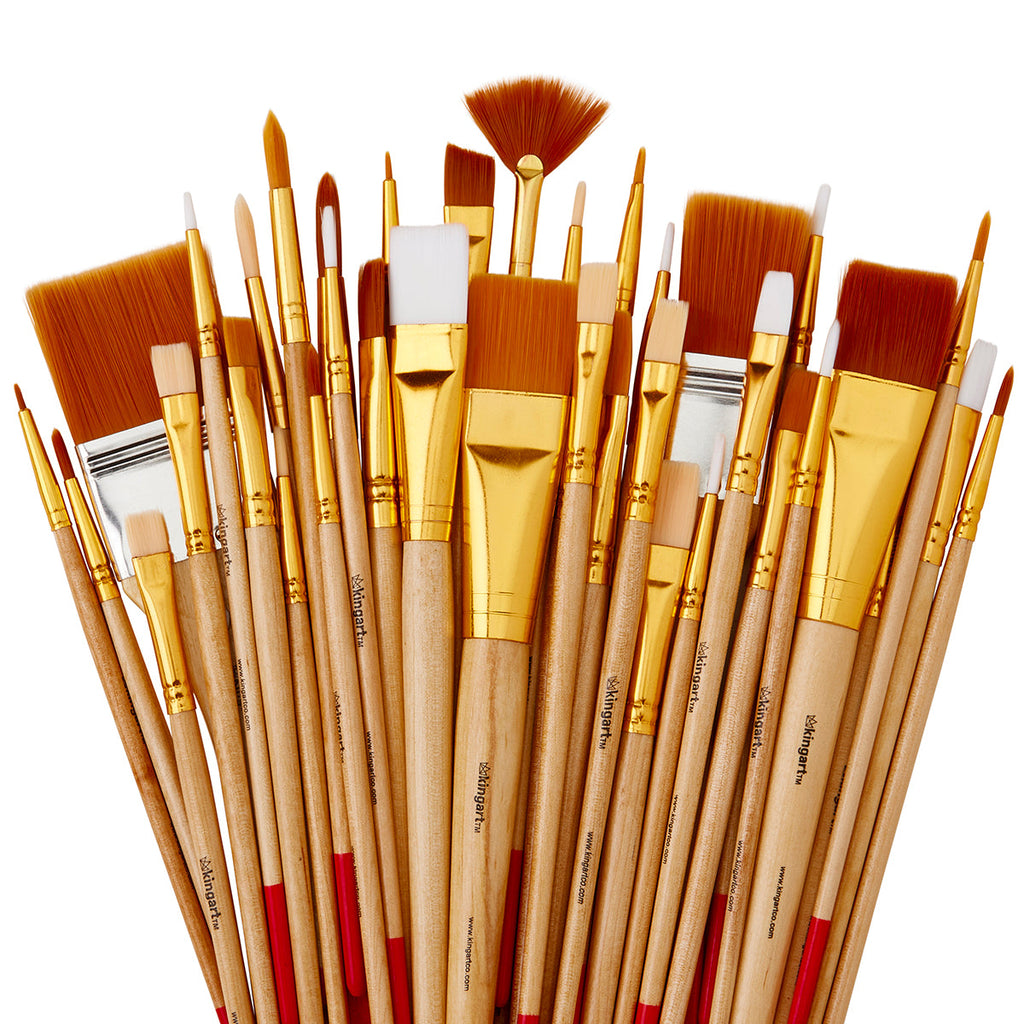 50 piece wooden handle artist paint brush set with synthetic and natural bristles fanned out - nylon brushes for acrylic oil watercolor painting by KINGART