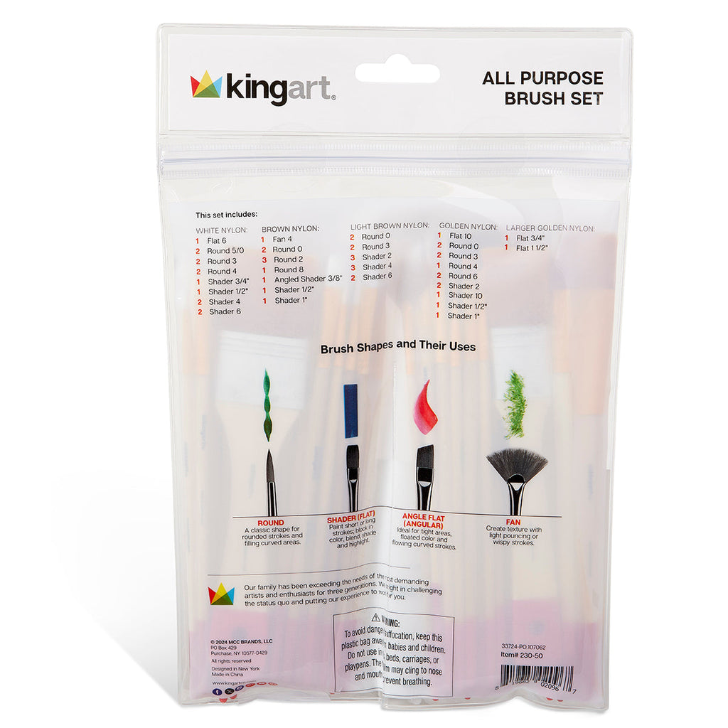 Back of artist brush set package showing brush type illustrations and descriptions - 50 piece paint brush set guide