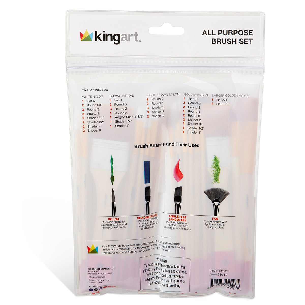 Back of artist brush set package showing brush type illustrations and descriptions - 50 piece paint brush set guide