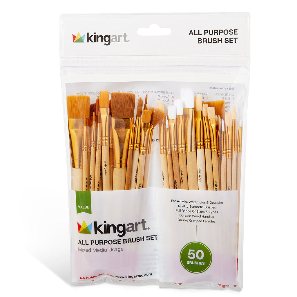 Studio Golden & White artist brush set package showing synthetic and natural bristle brushes divided into two sections - 50 piece paint brush collection by KINGART