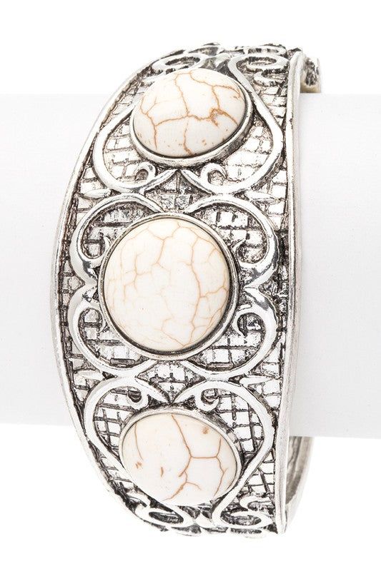 White stone Western cuff bracelet with embossed design - boho hinged statement jewelry by The Diamond Empire LLC