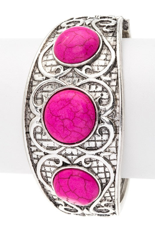 Fushia stone Western cuff bracelet with embossed design - boho hinged statement jewelry