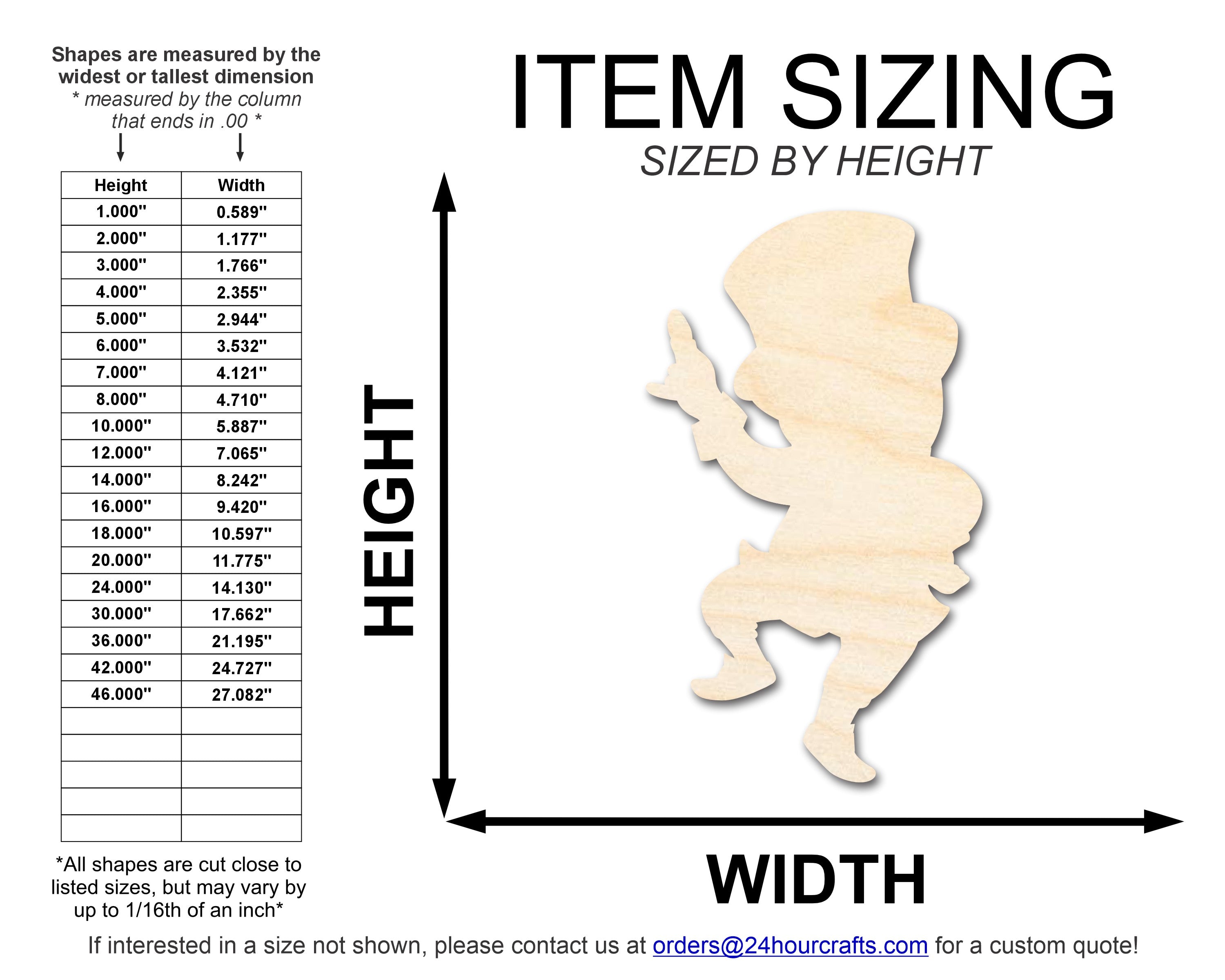 Size chart showing wood leprechaun cutout dimensions from 3" to 46" with thickness options 1/8" to 3/4" - St. Patrick's Day craft sizing guide