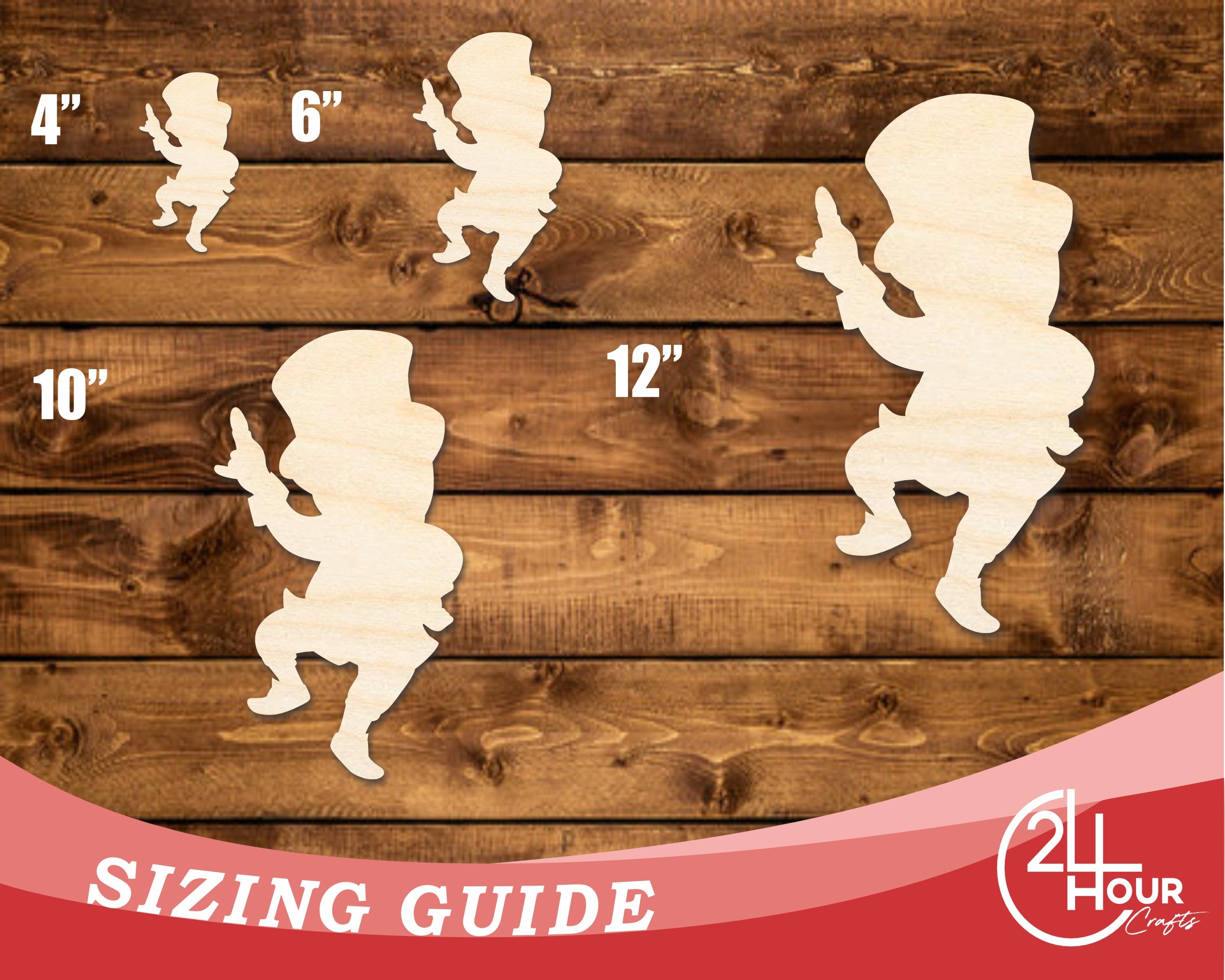 Wood leprechaun blank sizing reference on wooden background showing scale options for St. Patrick's Day DIY projects