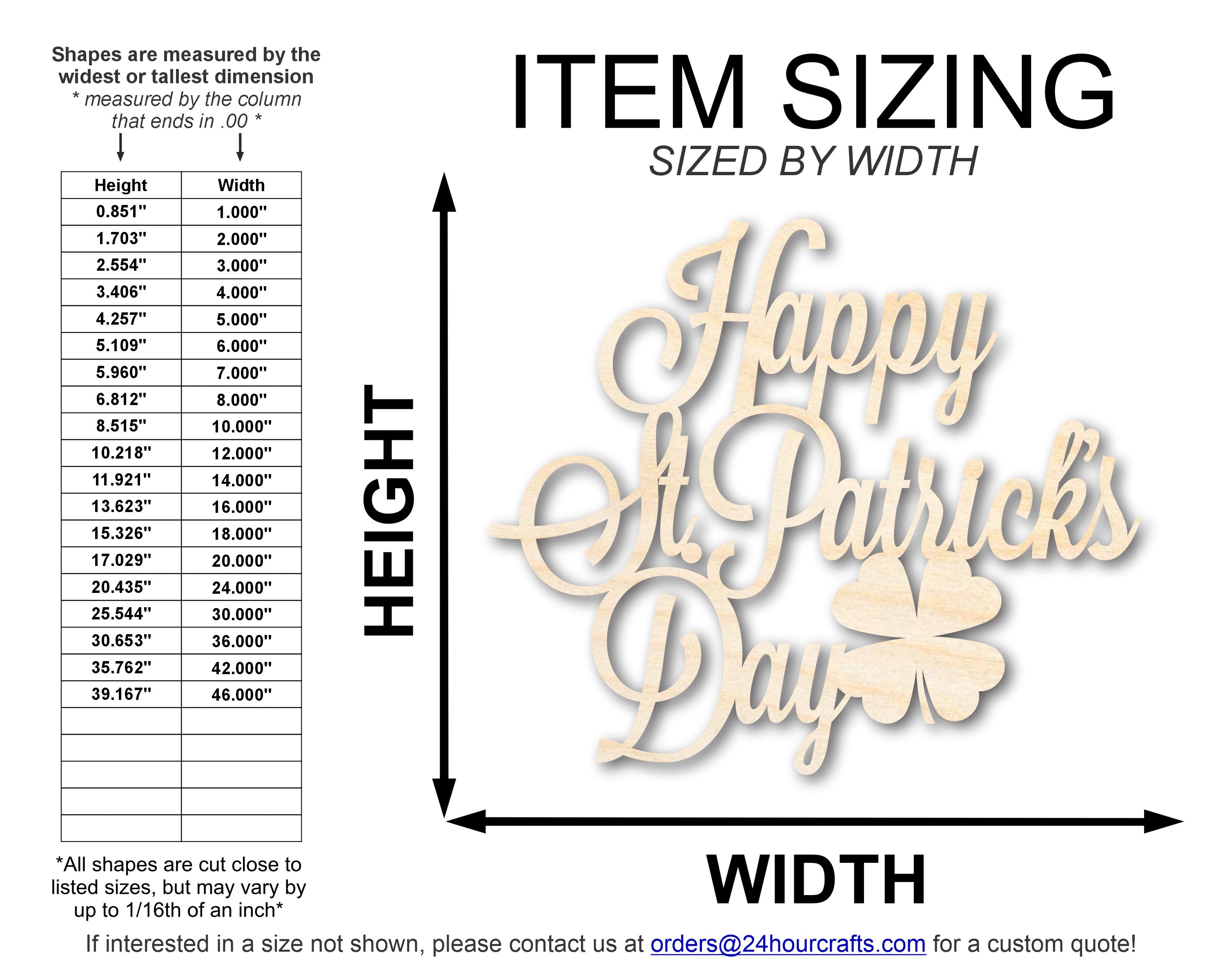 Happy St. Patrick's Day wood blank measurement chart showing sizes 3" to 46" - DIY craft cutout sizing guide