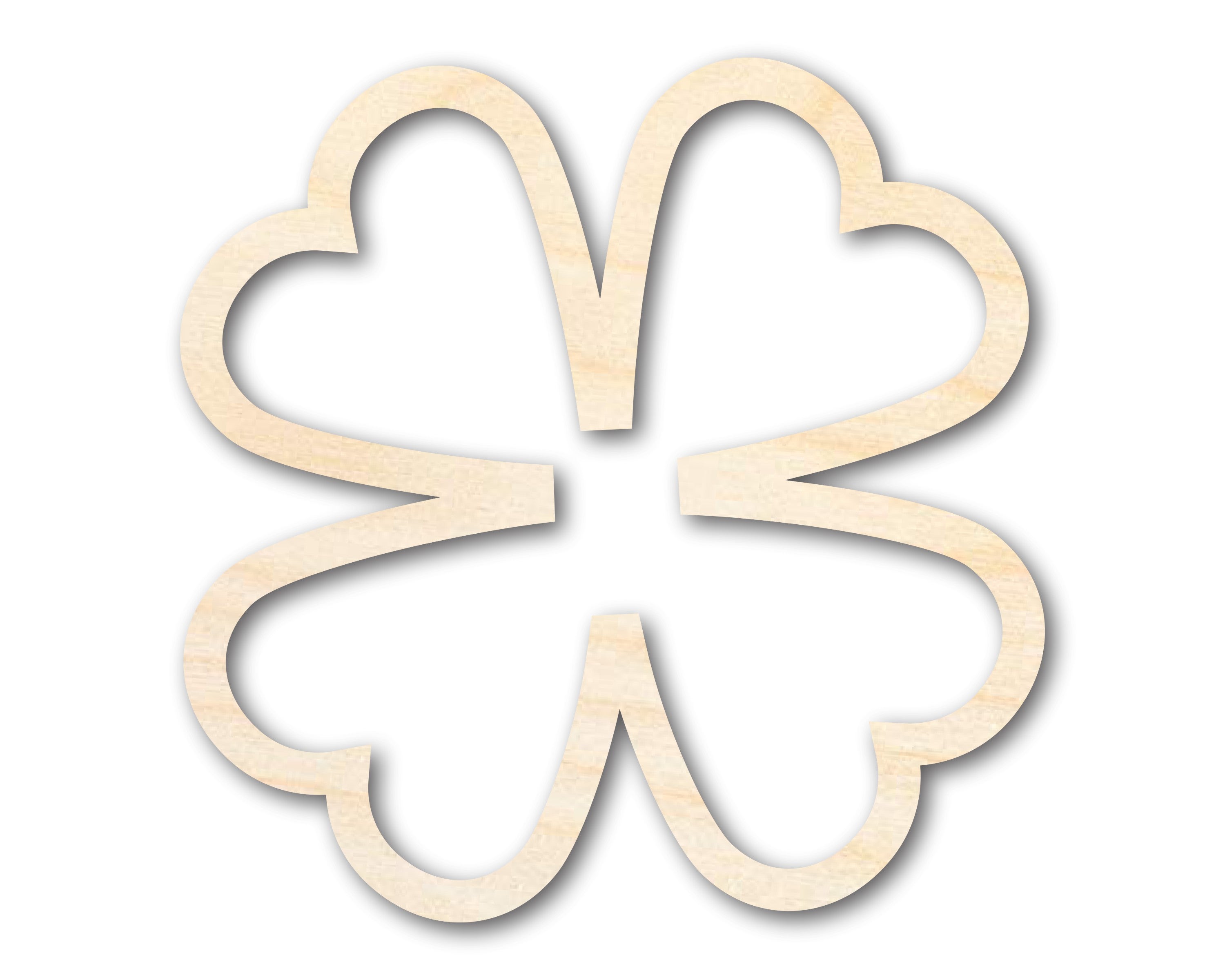 Unfinished wood four leaf clover outline shape with cut-out centers in Baltic birch on white background - St. Patrick's Day DIY craft blank