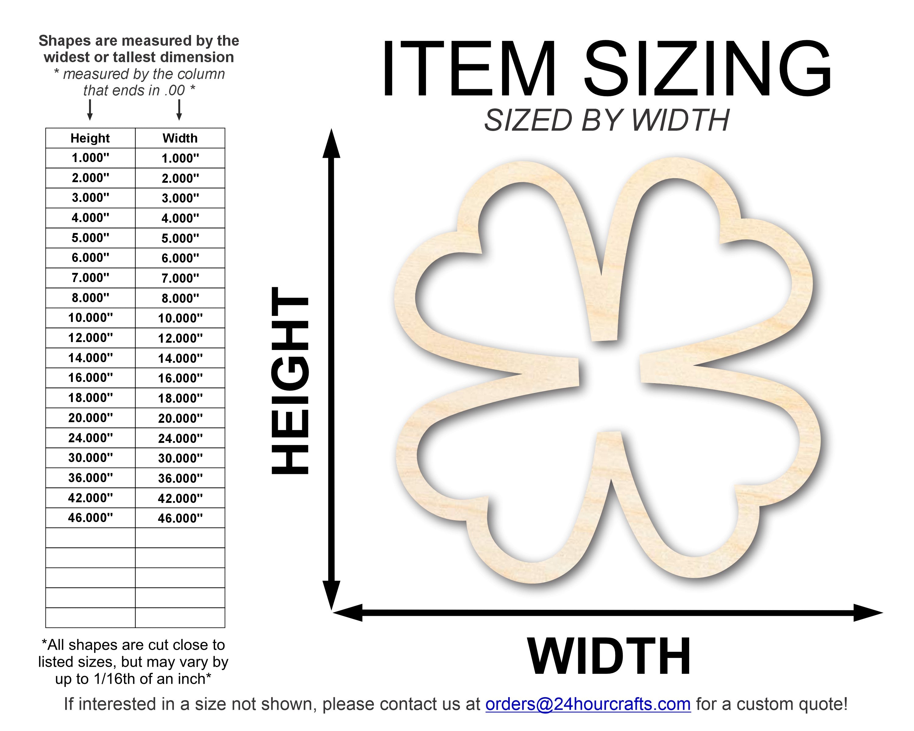 Size chart showing wood four leaf clover outline dimensions from 3" to 42" with thickness options 1/8" to 3/4" - St. Patrick's Day shamrock sizing guide