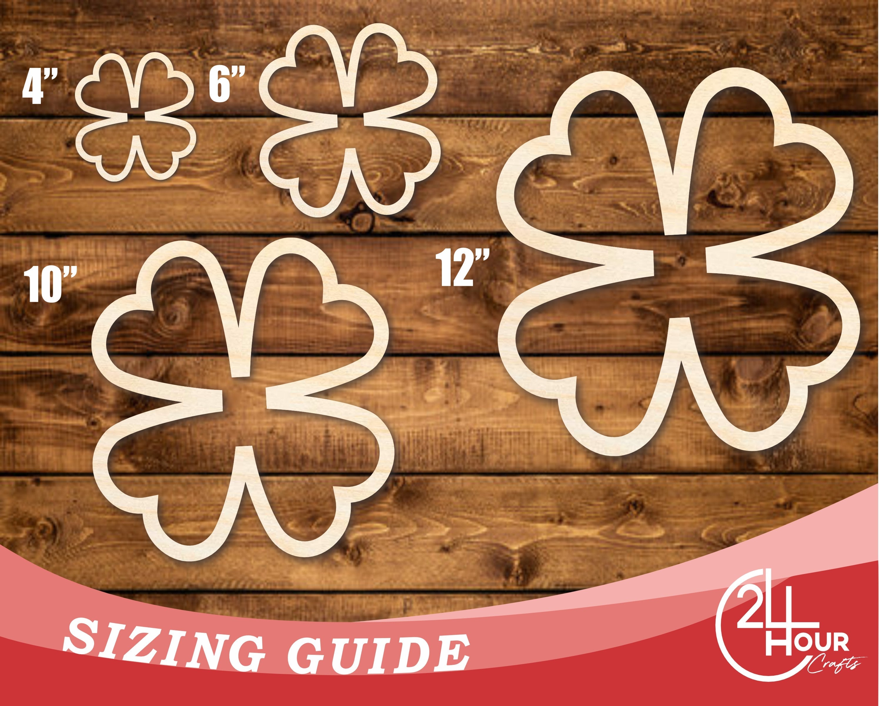Four sizes of wood clover outline cutouts with measurements on wooden background - St. Patrick's Day DIY craft blanks for painting and resin
