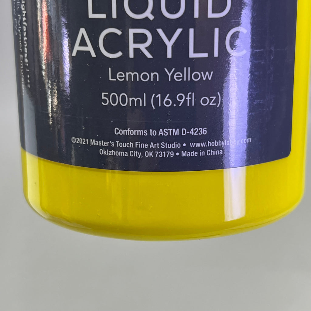 Bottom of Master's Touch Liquid Acrylic Paint label showing Lemon Yellow 500ml 16.9 fl oz on yellow bottle
