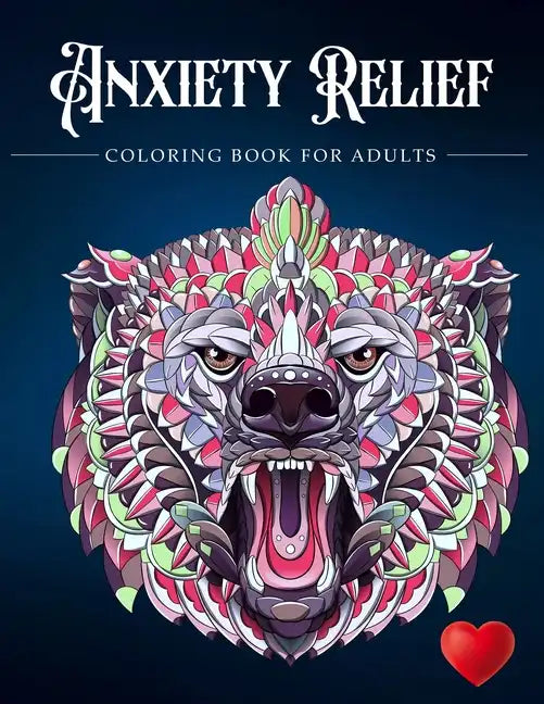 Anxiety Relief Coloring Book for Adults cover featuring stylized wolf design on dark blue background - stress relief and relaxation coloring book