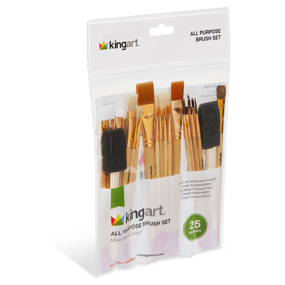 KINGART Studio all-purpose 25 piece brush set package at angle showing brushes - multi-purpose paint foam and chip brush collection