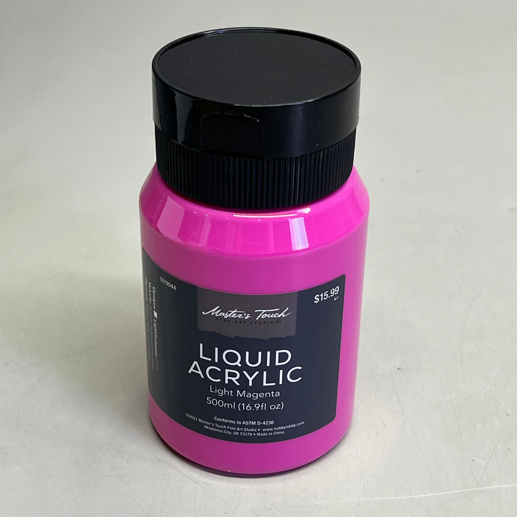 Magenta bottle of Master's Touch Liquid Acrylic Paint with black lid showing Light Magenta 16.9 fl oz on gray background