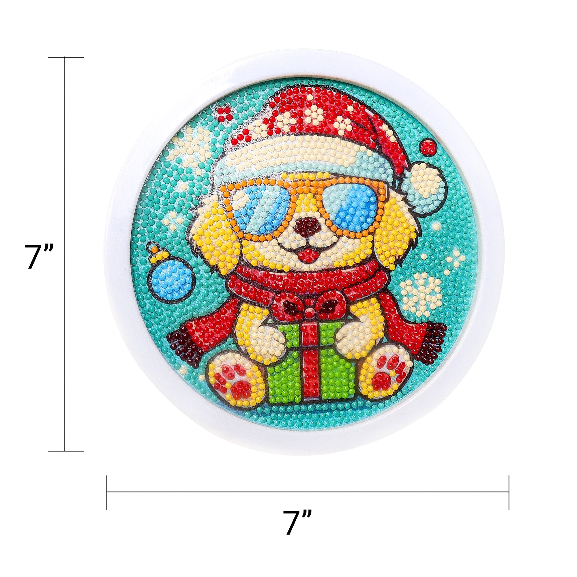 Circular diamond painting of a dog in holiday attire with measurements on a white background
