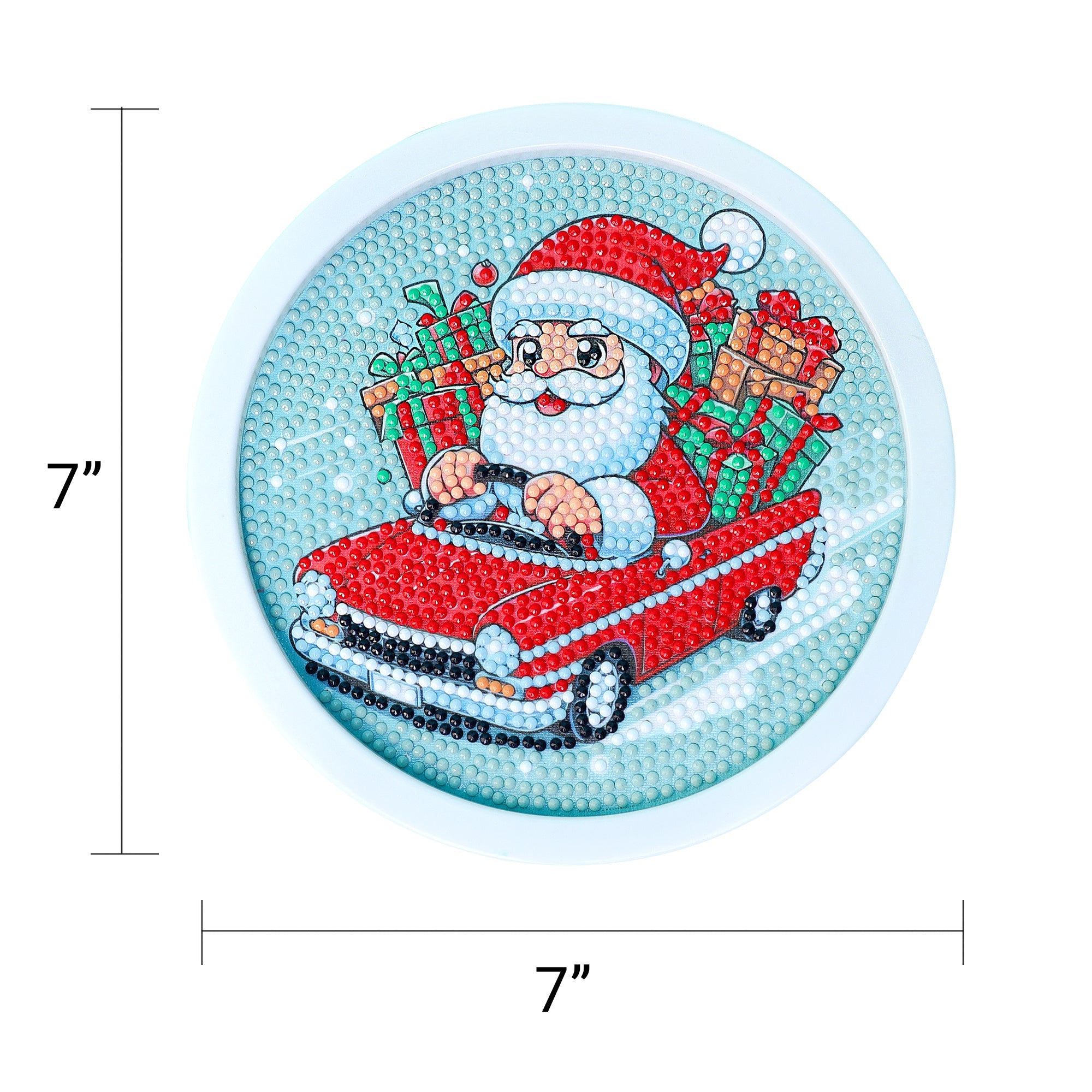 Circular diamond painting of Santa Claus in a red car with measurements on a white background