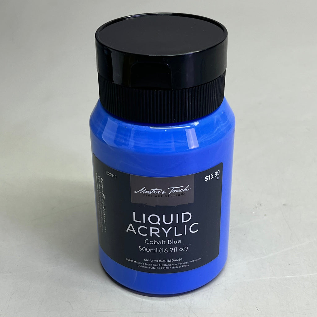 Single bottle of Master's Touch Liquid Acrylic Cobalt Blue paint in transparent plastic bottle showing blue paint color with black cap on light gray background