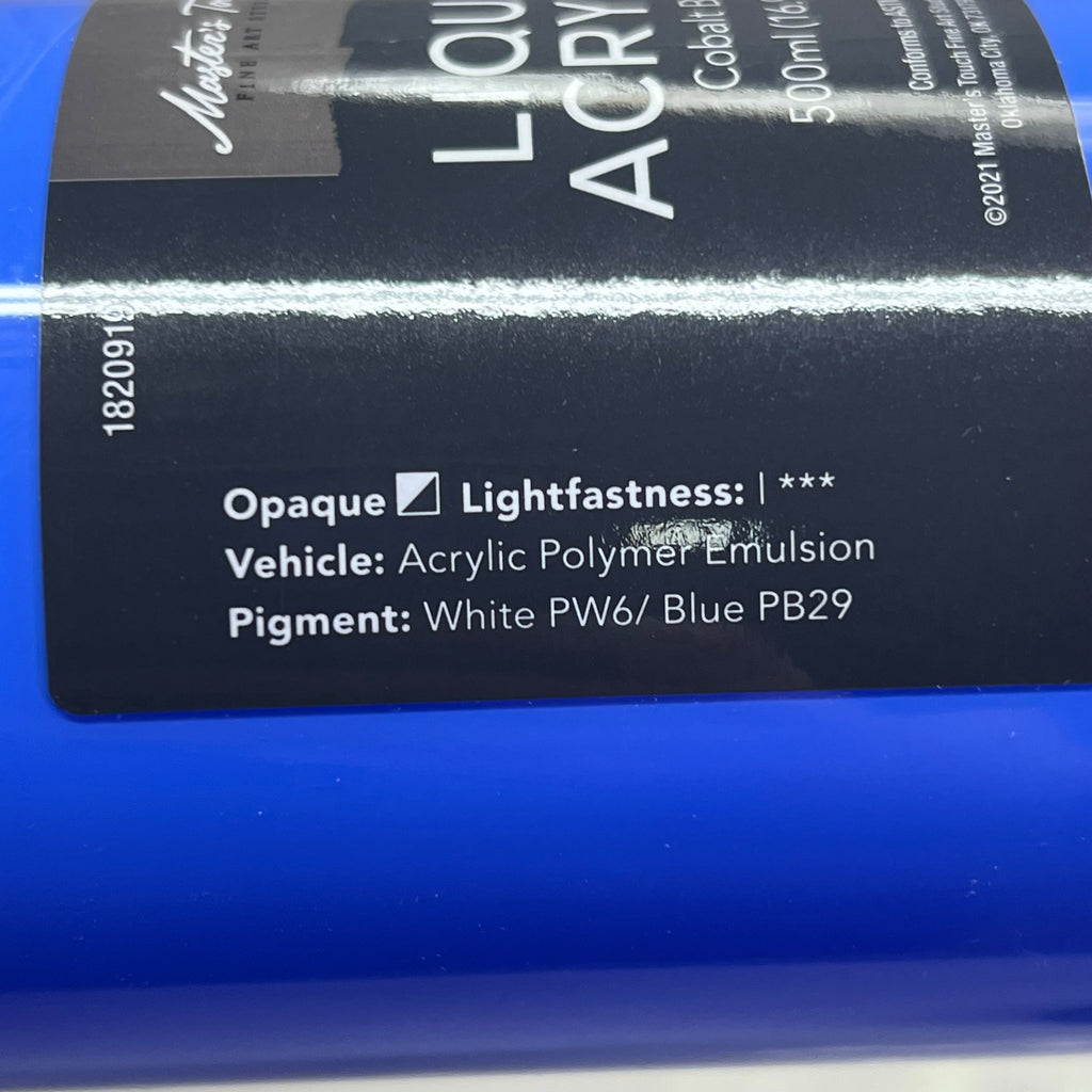 Master's Touch Fine Art Studio Liquid Acrylic Cobalt Blue paint bottle bottom label close-up showing product details - artist acrylic paint