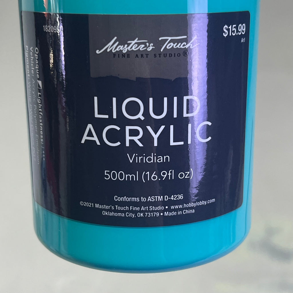 Master's Touch Liquid Acrylic Viridian paint bottle with product label showing transparent plastic bottle with blue-green paint on white background - 16.9 oz