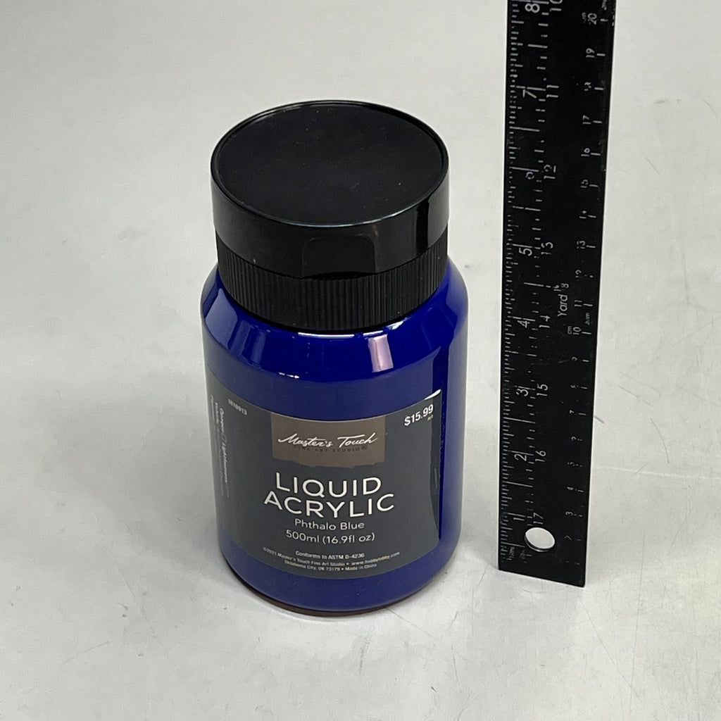 Master's Touch Liquid Acrylic Phthalo Blue paint bottle with black lid next to ruler showing size comparison on white background - 16.9 oz dark blue acrylic paint